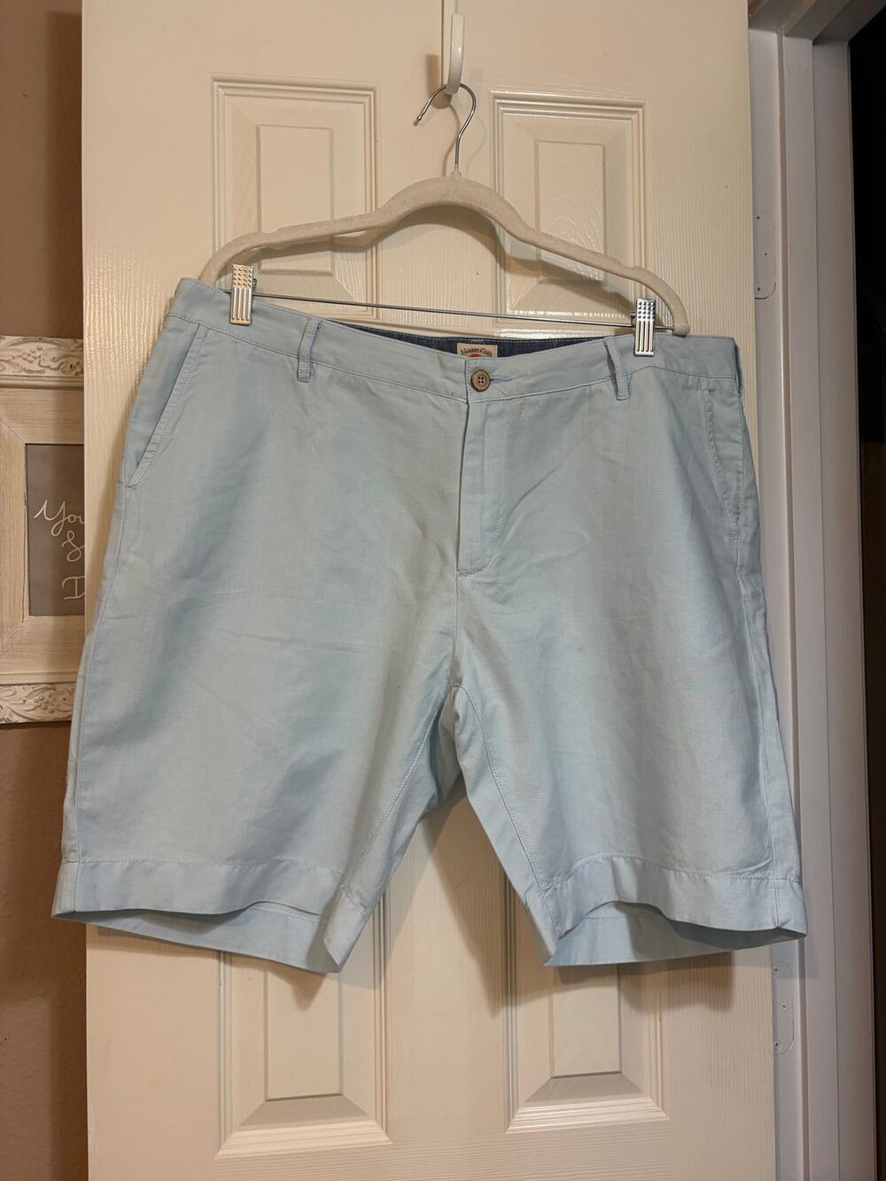 Faherty Linen Cotton Shorts Men’s Light Blue Flat Front Casual Sz 38 golf beach